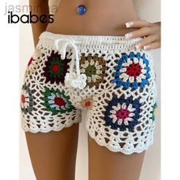 Women's Shorts Bohemian Hand Crchet Knitted Hollow Out Shorts Plaid Patchwork Summer Holiday Beach Cover Ups Sexy Short Capris ldd240312