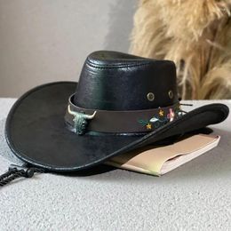 Berets Men Vintage Faux Leather Western Cowboy Hats Cow Head Decorate Outdoor Rider Panama Cowgirl Jazz Cap Sombrero Hombre