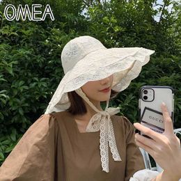 Wide Brim Hats Bucket Hats OMEA Straw Hat Women Summer Floral Lace Beach Hat Holiday Sun Visor Strap Adjustable Wide Brim Floppy Hat Girl Cap Elegant Q240312