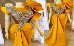 2022 New Year039s Luxury Crystals Yellow Mermaid Prom Dresses Satin Sexy Bodice Custom Made Designer Jewel Neck Ruched Pleats P2579110