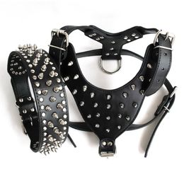 Whole-Brown Large Spiked&Studded Leather Dog Harness&Collar SET for Pit Bull Mastiff198T
