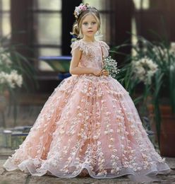 Cute Pink Lace 2019 Flower Girls Dresses Jewel Neck Beaded 3D Floral Appliqued Toddler Pageant Dress Corset Back Kids Prom Gowns1165238