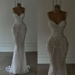 Abiti da sposa sirena di lusso Spaghetti Sweetheart Pearls Chain perline con cerniera senza schienale Lunghezza con abito da sposa su misura personalizzato per abito da sposa Vestidos de noni