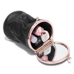 A8296 Real Top Layer Oil Waxed Cow Leather Fashion BarrelShaped Cosmetic Make Up Items Case Mini Mirror Cover Lipsticks Bag 240227