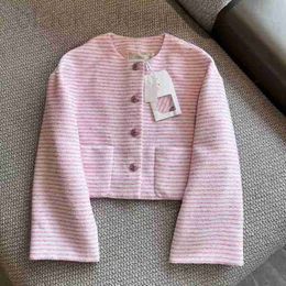 Women's Jackets designer 24 Small Fragrant Pink Stripe Sparkling Silk Top Temperament Ageing Reducing Single breasted Two Pocket Short Coat SA43