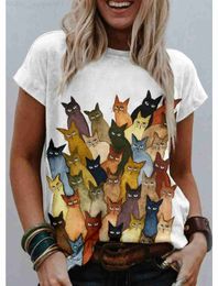 Women's T-Shirt Womens T shirt Tee White Blue Khaki Graphic Cat Print Short Sle Going out Weekend Basic Round Neck Regular Cat Painting S L24312