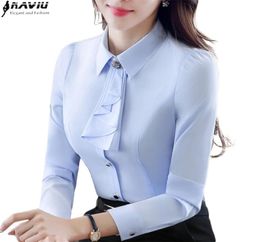 Elegant Ladies LongSleeve Blue Shirt Autumn White Purple Bow Tie Chiffon Women Blouse Work Wear Formal Office Plus Size Top 210328869673