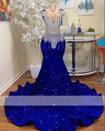 Sparkly Royal Blue Diamanti Sirena Prom 2024 Glitter Paillettes Pizzo Tulle trasparente Perline Strass di cristallo Abiti da festa Abito da sera formale per feste 0312