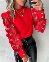 Women's Blouses Shirts Fashion Womens Blouse Autumn Spring New Casual Simple O-Neck Red Lace Floral Sheer Mesh Patchwork Top Shirts For Women PulloverL24312