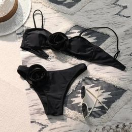 Women's Swimwear Swimsuit Set Floral Bandeau Bikini With High Waist Briefs Push Up Bra Split Design For Summer Beachwear