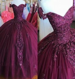 Burgundy Ball Gown Quinceanera Dress Off The Shoulder 2023 Expensive Lace Beads Corset Back Sweet 16 Dress Plus Size For Women For8492268