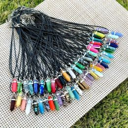 Natural Stone Crystal Pointed Chakra Necklace PU Leather Rope Necklace Couple Gift Lucky Stone Necklace Hexagon Pillar Crystal Pendant Necklace For Men Women