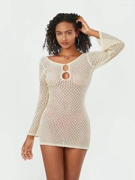 Casual Dresses Women Summer Knitted Crochet Bodycon Solid Color Cutout Front V-Neck Long Sleeve Backless Party Beach Dress