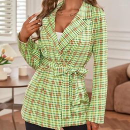 Women's Suits 2024 Spring Summer Clothing Turn-down Collar Green Plaid Long Sleeve Lace Up Casual Suit