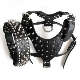 Whole-Brown Large Spiked&Studded Leather Dog Harness&Collar SET for Pit Bull Mastiff289S