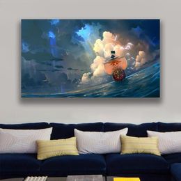 Paintings Thousand Sunny Ship Anime Manga Poster Framed Wooden Frame Canvas Wall Art Decoration Prints Dorm Home Bedroom Decor Pai324C