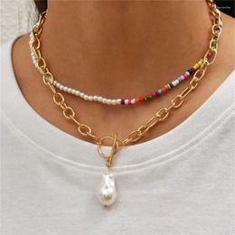 Pendant Necklaces Boho Fashion Punk Thick Chains Colour Bead Chain Shaped Artificial Pearl Necklace For Women Vintage Multilevel Jewellery