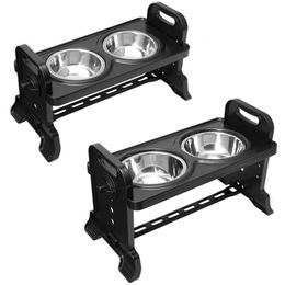 Anti-Slip Elevated Double Dog Bowl Adjustable Height Pet Feeding Dish Stainless Steel Foldable Cat Food Water Feeder 211029230d