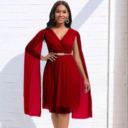 Ethnic Clothing Elegant Cloak Sleeve Party Midi Dress Women Solid V Neck See Through Club Cocktail Wedding Dresses With Belt