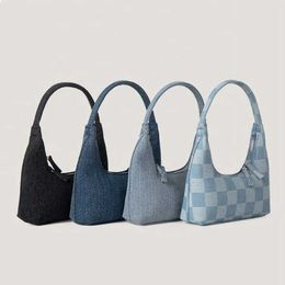 HBP Non-Brand Wholesale Blue Denim Fabric Handbag Underarm Young Fashion Half Moon Wrist Bag Clutch Stitching Plaid Light Women