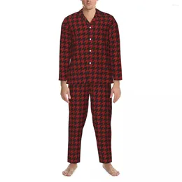 Men's Sleepwear Vintage Houndstooth Pyjama Sets Autumn Red And Black Retro Kawaii Home Male 2 Pieces Loose Oversize Custom Nightwear