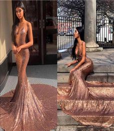 Rose Gold Sequins Mermaid Prom Dresses Black Girls Sexy Backless Pageant Gowns 2019 Spaghetti Strap African Party Long Prom Gowns 4413122