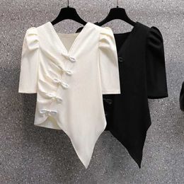 Women's T-Shirt 2022 New Summer vintage button-up T Shirt Crop Top Short Sle Womens Folds Ladies Asymmetrical Clothing Lady Plus Size White L24312