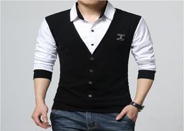 New Autumn Fashion Patch Design Men 039S Shirt T Shirt Fake Two Long Sleeve Turn Down Collar Cotton T Shirt For Men 5xl whole7476720