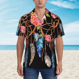 Men's Casual Shirts Dream Catcher Beach Shirt Red Flower Print Hawaiian Men Vintage Blouses Short Sleeve Street Style Design Tops