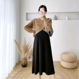 Fashion Autumn Maternity Knitting Dresses Clothes For Pregnant Women 2023 VNeck Pullover Sweater Dress 2 Piece Set 240309