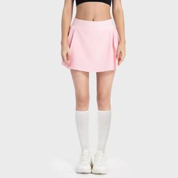 Lu lem*on Luxtres new pleated leg length yoga shorts skirt womens fake two-piece anti glare water-cooled cooling sports skirt