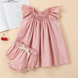 Girl's Dresses 2024 Summer Suits for Kids Girl Infant Pink Embroidery Handmade Casual Loose Dress and Butt Pants Children Spanish Cute Clothes L240313