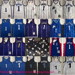 Classico retrò autentico ricamo basket Tracy 1 McGrady maglie vintage viola striscia bianca 1998-99 maglia sportiva nera traspirante cucita reale di alta qualità