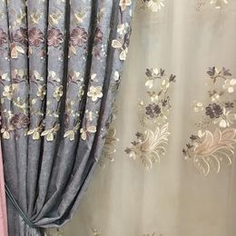 European Blue And Grey Blackout Curtains Chenille Flower Embossed For Living Room Bedroom Study Tulle Custom Curtain & Drapes264R