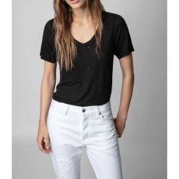 Zadig Voltaire tee New Women Designer T shirt Slim Classic Style Front Doll Hot Diamond Back Letter Print Cotton Black Casual Versatile Short Sleeved 423