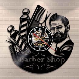 Barber Shop Sign Wall Clock Barbers Pole Vinyl Record Wall Clock Hair Salon Stylist Hair Tools Scissors Barber Shop Artwork Gift Y272H