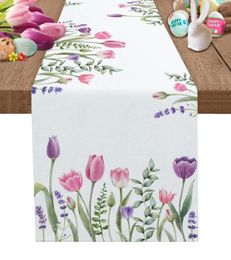 Table Cloth Spring Tulip Plant Flower Linen Runners Holiday Party Decor Farmhouse Dining Wedding Decorations