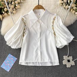 Women's Blouses Ladies High Quality Diamond Chain Lantern Short Sleeve Single Breasted Shirt Irregular Turn Down Collar Blouse