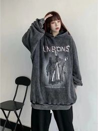 Grey Loose Pullovers Baggy Woman Clothing Hoodies with Orint on Text Womens Sweatshirt Hooded Grunge Letter Printing Promotion 240301