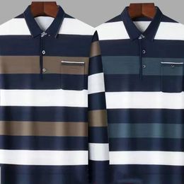 Spring and Autumn Fashion Lapel Stripe Button Pocket Trend Contrast Colour Long Sleeve Business Casual Versatile POLO Shirt 240309