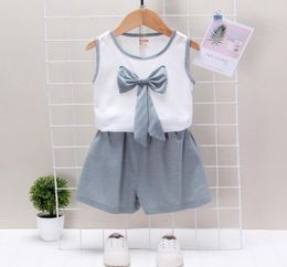 Summer Children Casual Clothes Suit Cute Baby Girls Beautiful Bow Vest Shorts 2Pcsset Toddler Cotton Clothing Infant Tracksuits8885896