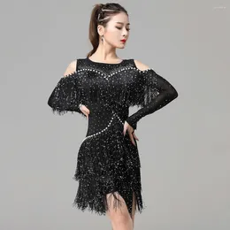 Stage Wear Sexy One-Piece Latin Dance Dresses Off Shoulder Samba Sling Stretchy Dress Long Sleeves Fringes Competition Costume