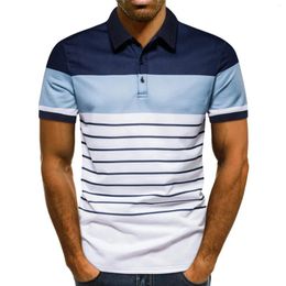 Men's Polos Classic Stylish Color Contrast Striped Print Short Sleeve Loose Fit Lapel Button Polo Shirt Casual Daily Wear