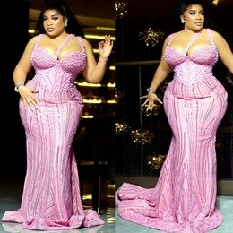 2024 Aso Ebi Pink Mermaid Prom Dress Sequined Beaded Evening Formal Party Second Reception 50th Birthday Engagement Gowns Dresses Robe De Soiree ZJ165