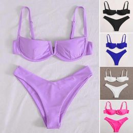 Women's Swimwear 2 Pcs/Set Women Bikini Set Push Up Padded Summer Swimsuit Solid Colour V Shape Adjustable Straps Bathing Suit For Swimming