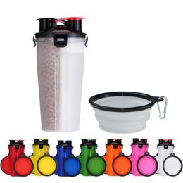 2 In 1 Bowels Feeders Plastic Foldable Food Cup Pet Outdoor Kettle Portable Food Storage Water Cups With 2 Bowls for Dog Cat260d