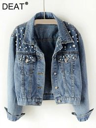 DEAT Fast Delivery Autumn Fashion Womens Denim Jacket Full Sleeve Loose Button Pearls Short Lapel Wild Casual 2024 AP446 240311