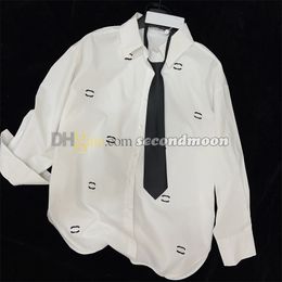 Women White Shirts with Necktie Letters Print T Shirt Summer Breathable T Shirts Long Sleeve Blouse