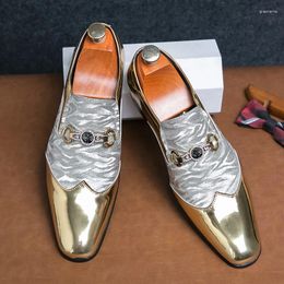 Casual Shoes Men Golden Loafers With PU Splicing Printed Horse Buckle Decoration Fashionable British Style Business Leisure