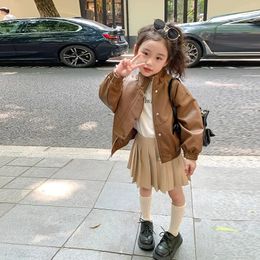 2024 Spring Kids Girls Coffee Coloured Leather Jacket Motorcycle Jacket Small Medium-sized Childrens Leather Jacket Cardigan 240304